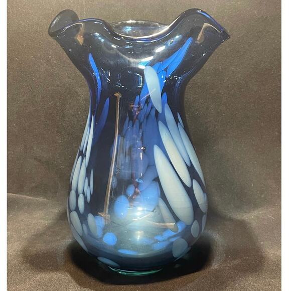 Hand Blown 9 in. Cobalt Blue Vase with White Accents - Picture 2 of 5